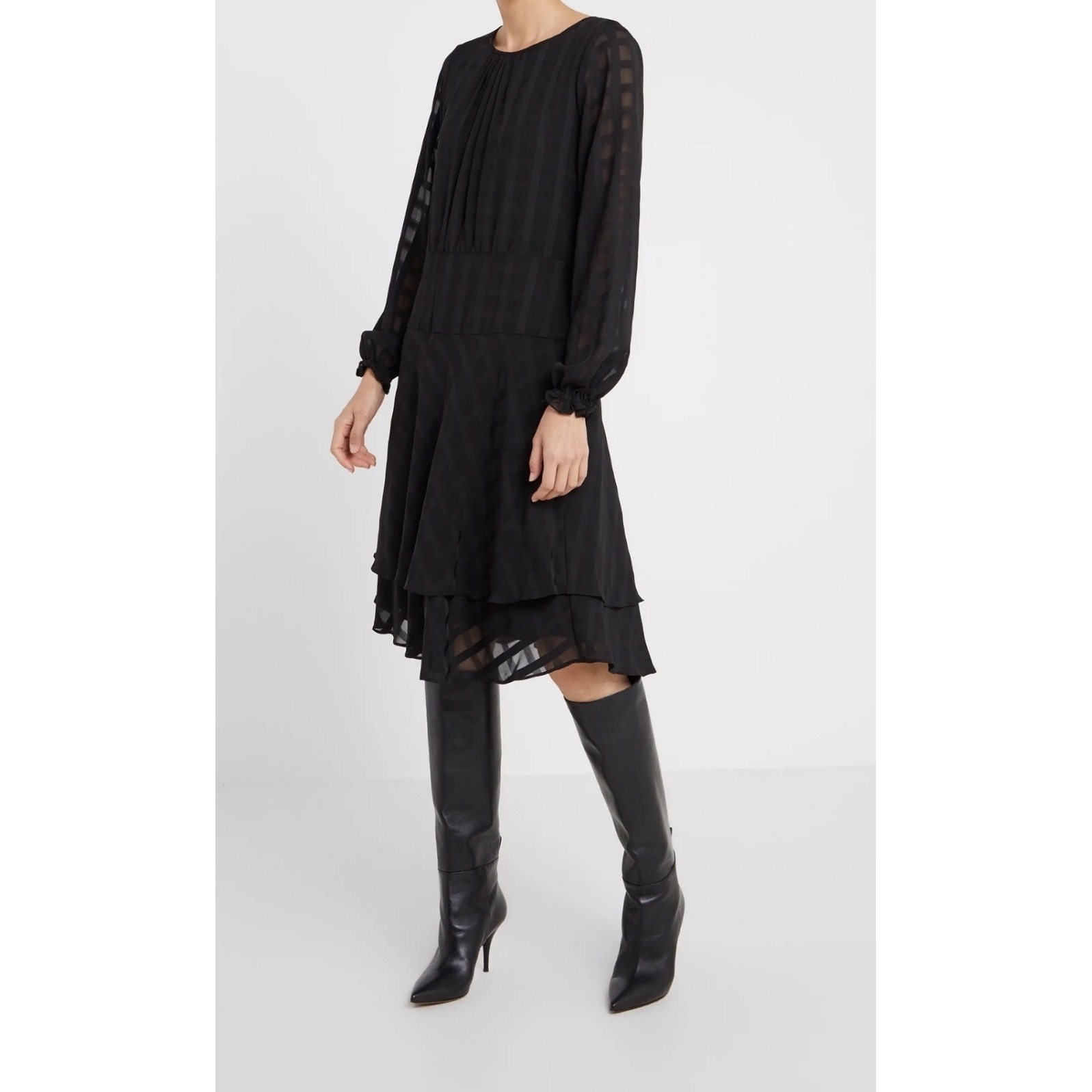 Dkny Black Checker Georgette Layer Fit & Flare Dress Long Sleeve Womens Size 10
